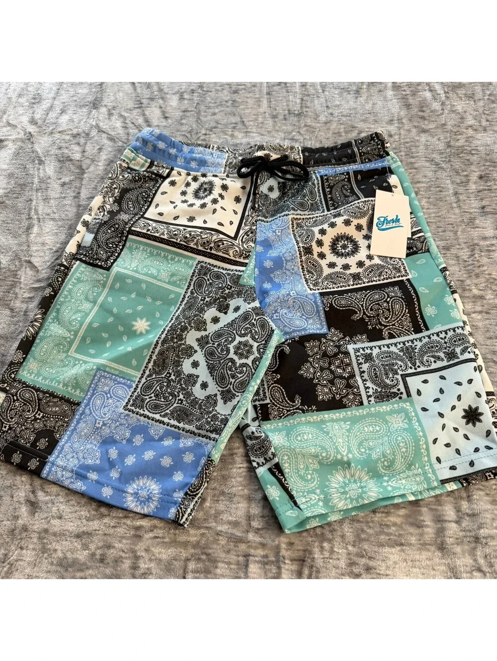 Fresh Prints of Bel-Air Men's Blue Multi Bandana Patchwork Drawstring Shorts